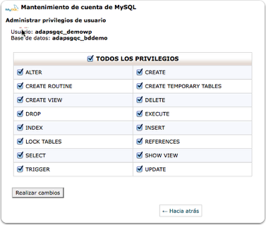 Permisos usuari MySQL cPanel